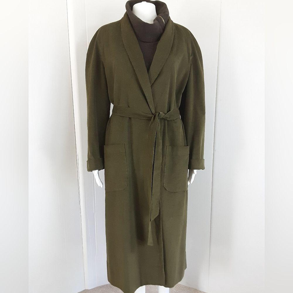 Green Corduroy 100% Cotton Shawl Collar Belted Open Front Pocket Long Coat Sz L